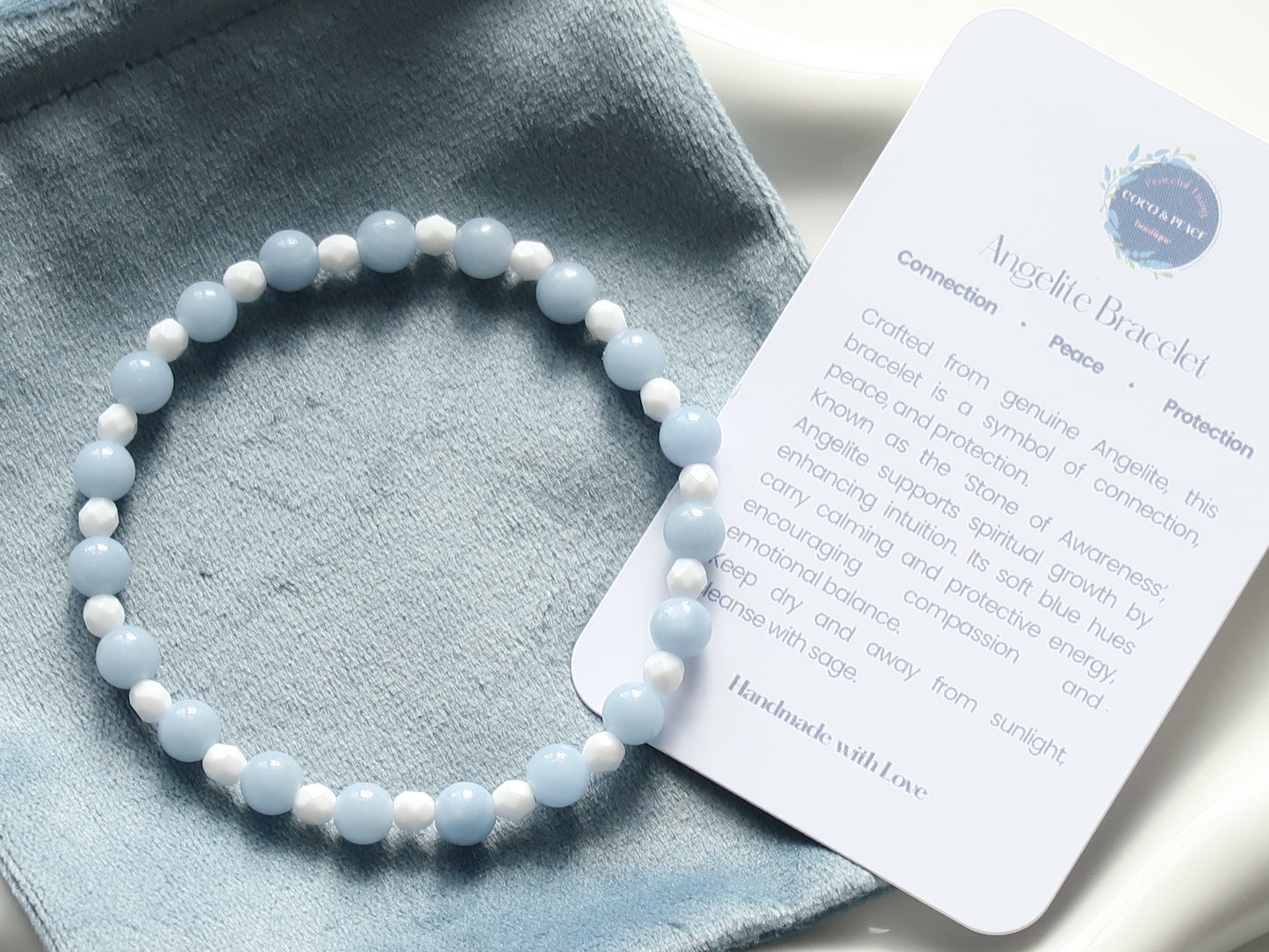 Natural Angelite Bracelet with accent beads - Healing Gemstones - The Stone of Awareness, Intuition, Peace - Elegant Crystal Jewellry