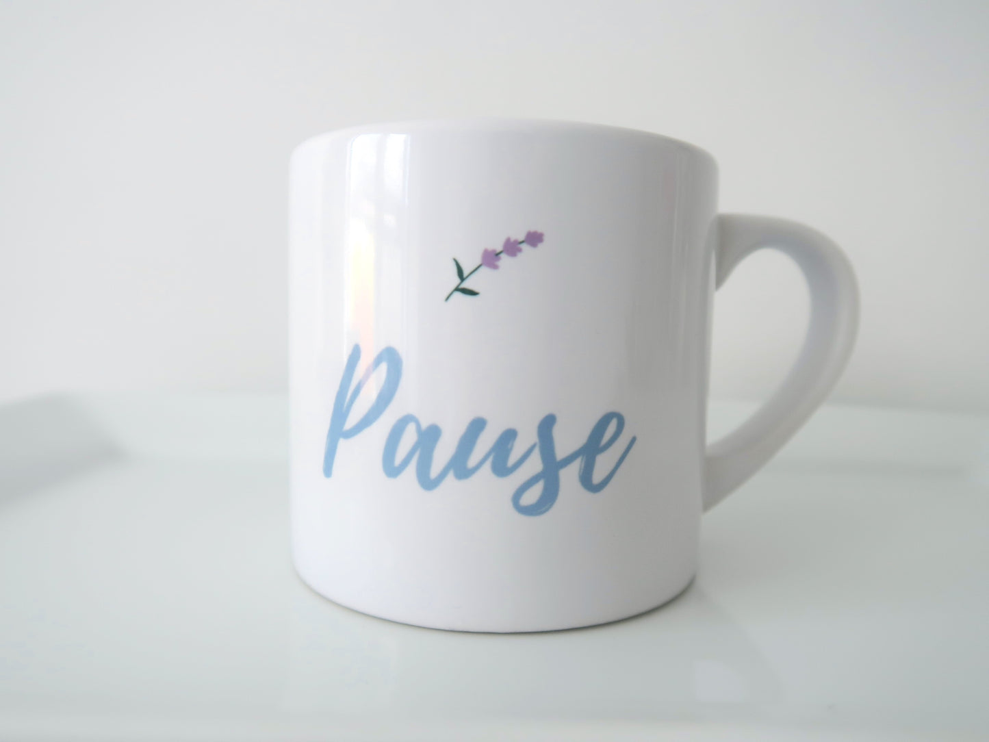 "Pause" Small Ceramic Mug – 6oz Mindful Coffee Cup with Lavender Design | White Finish | Peaceful Living Gift