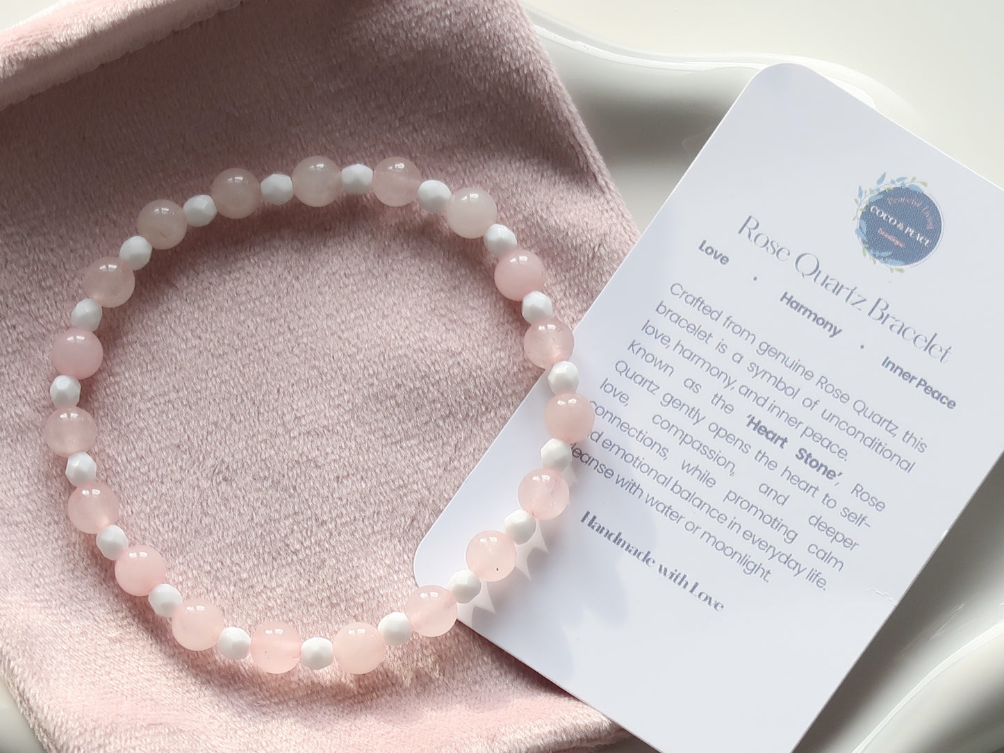 Natural Quartz Bracelet with accent beads - Healing Gemstones - Heart Stone - Love, Harmony, Inner Peace - Elegant Crystal Jewellery