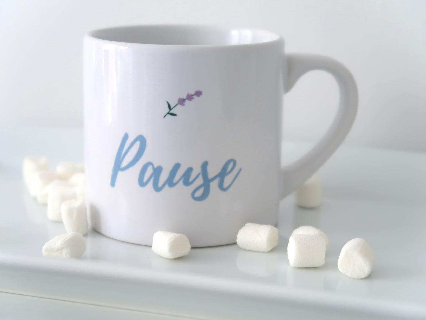 "Pause" Small Ceramic Mug – 6oz Mindful Coffee Cup with Lavender Design | White Finish | Peaceful Living Gift