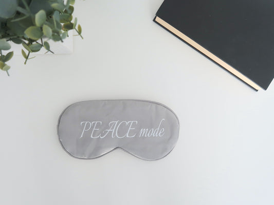 Peace Mode Satin Grey Sleep Set – Eye Mask, Scrunchie & Travel Pouch | 100% Satin for Restful Sleep & Hair Protection