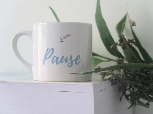 "Pause" Small Ceramic Mug – 6oz Mindful Coffee Cup with Lavender Design | White Finish | Peaceful Living Gift