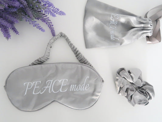 Peace Mode Satin Grey Sleep Set – Eye Mask, Scrunchie & Travel Pouch | 100% Satin for Restful Sleep & Hair Protection