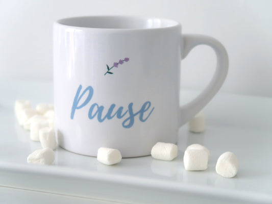 "Pause" Small Ceramic Mug – 6oz Mindful Coffee Cup with Lavender Design | White Finish | Peaceful Living Gift