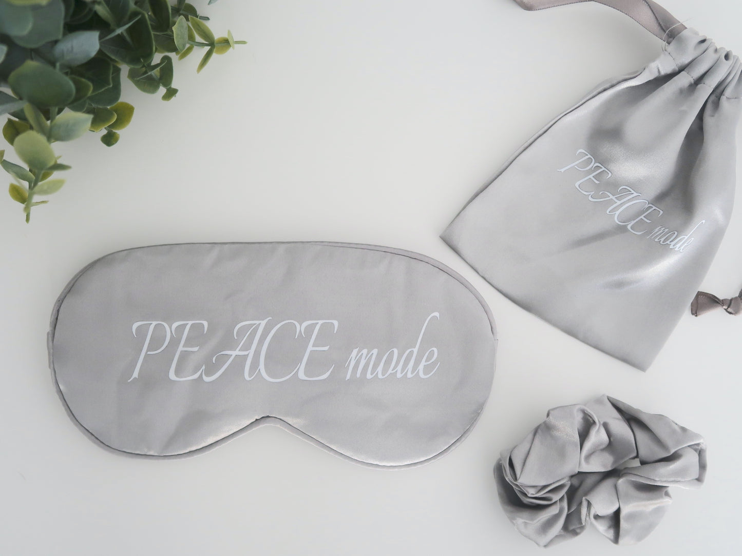 Peace Mode Satin Grey Sleep Set – Eye Mask, Scrunchie & Travel Pouch | 100% Satin for Restful Sleep & Hair Protection